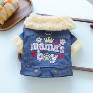 Pet denim jacket with plush collar for small dogs, stylish winter pet apparel and clothing.