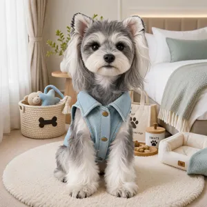 Light blue denim pet vest for small dogs and cats, stylish turn-down collar cute outdoor apparel.