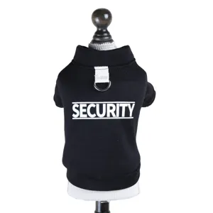 Black pet hoodie detail, security print back, metal D-ring attachment, cozy dog sweater.