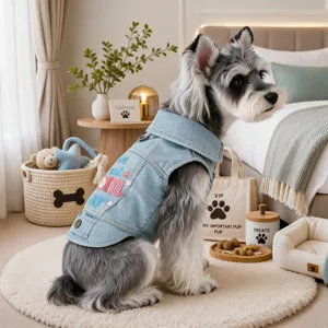 Cute blue denim pet vest with daisy embroidery, leash ring, stylish outdoor dog clothes.