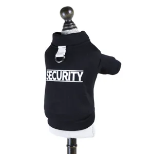 Black pet dog hoodie with security print and D-ring, warm winter clothing for small dogs and cats.
