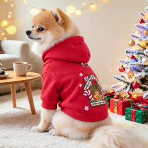 Felpa natalizia rossa per cani con ricamo di casetta di pan di zenzero per piccoli cani.