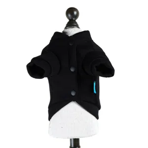 Black pet dog and cat hooded clothing, stylish button-down design with blue tag.