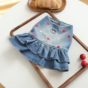 Cute pet denim dress with heart embroidery and ruffles, perfect for cute dogs and cats wear.