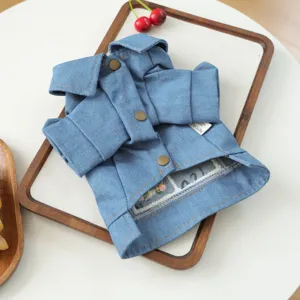Stylish blue denim pet jacket for small dogs, trendy turn-down collar design, comfortable daily wear.