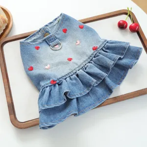 Cute pet denim dress with sweet heart embroidery and ruffled skirt, perfect for dogs and cats daily wear.