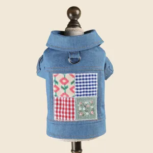 Denim pet dog jacket with cute patchwork and D-ring leash, small puppy clothes detail view.