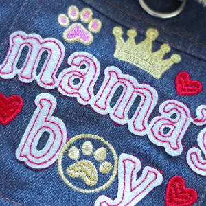 Detailed view of puppy denim dog coat, featuring cute embroidered text and paw prints.