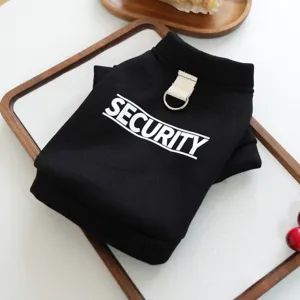 Black pet dog hoodie with security letter print and D-ring, warm winter apparel for small dogs.