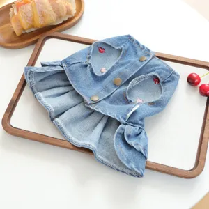 Cute pet denim dress puppy cat ruffles heart embroidery apparel sweet pet clothes stylish outfit