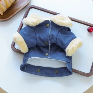 Pet denim fleece winter jacket for small dogs warm fur collar stylish puppy cold weather coat