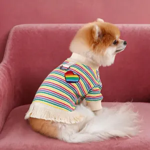Leuke kleurrijke gestreepte hondentrui met franjes en regenboog hart patch voor kleine huisdieren.