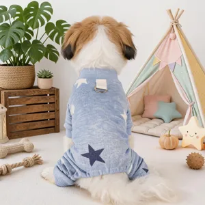 Detailed view of cute pet dog onesie featuring cozy blue knit fabric and sweet star pattern design.