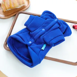 Blue pet hoodie for small dogs, hooded dog clothes with buttons, cute autumn winter puppy apparel.