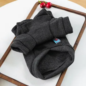 Dark grey pet hoodie for small dogs and cats, cozy fleece dog sweatshirt with hood detail.