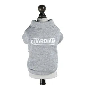 Grey pet dog hoodie with letter print detail, comfortable autumn winter clothes for small puppies.