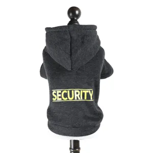 Detailed view of dark grey pet dog hoodie with yellow security print on the back, warm clothes.