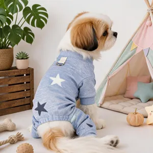 Cute blue star pattern pet dog onesie soft loungewear detail view showing cozy fabric.