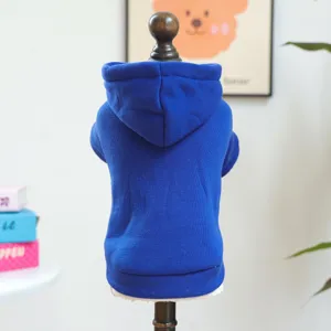 Pet blue hooded sweatshirt for small dogs, warm solid color puppy apparel detail view.