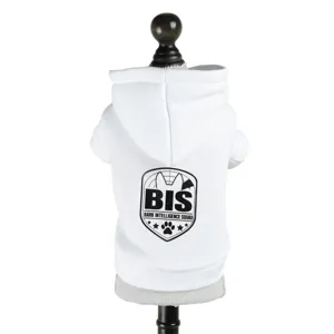 White pet dog hoodie with back print letter graphic stylish warm puppy clothes detail shot