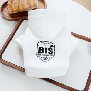 Detail view of white pet dog cat hoodie with stylish letter print and cozy hooded design.