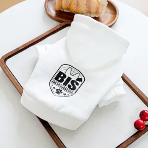 White pet hooded sweatshirt detail, featuring cute graphic print and soft cotton fabric.