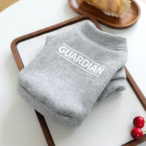 Grey pet hoodie for small dogs and cats, featuring letter print design and cozy fabric detail.