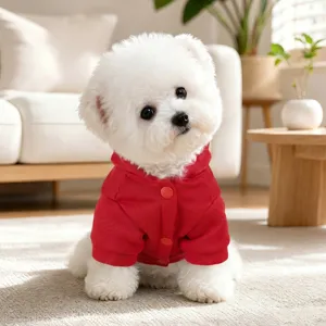 Cute red hooded pet sweater for small dogs, stylish open-button design for easy wearing.