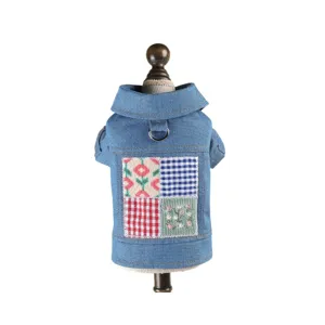 Denim pet dog jacket with lapel and cute patch embroidery design for small puppies main