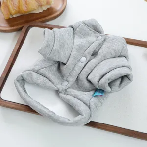 Grey pet cardigan sweatshirt for small dogs and puppies with snap buttons and casual style.