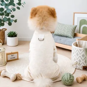 Beige knitted pet onesie back view, soft warm puppy dog sweater clothes for autumn winter.
