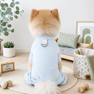 Comfortable striped pet jumpsuit dog pajamas with D-ring for autumn and winter home wear.