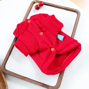 Red pet hoodie for small dogs, stylish button-up hooded dog clothes for spring and autumn.