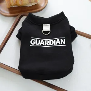 Black pet hoodie for small dogs and cats with letter print and D-ring, cozy pet apparel detail.