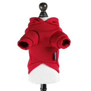 Red pet hoodie for small dogs and cats, featuring comfortable knit fabric and attached hood.
