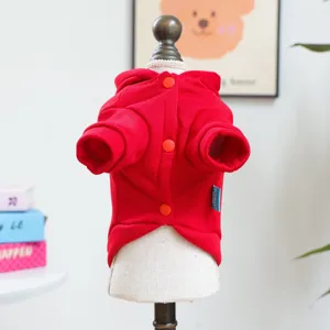 Detailed view of red pet hoodie for small dogs, featuring front buttons and cute hood.