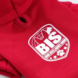 Red pet hoodie detail close-up showing cute print and soft fabric for small dogs cats.