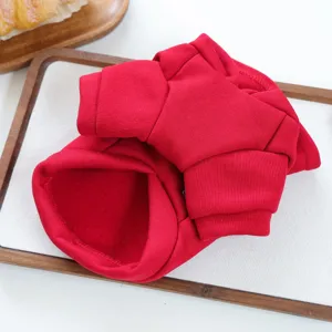 Red pet hoodie detail view, soft fabric for small dogs and cats, cozy autumn winter apparel.