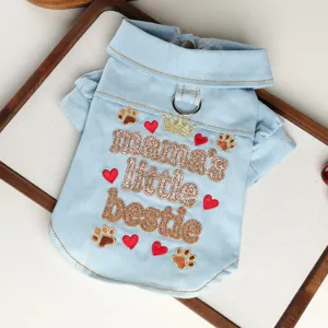 Cute pet denim shirt for small dogs, featuring lapel collar, metal ring and sweet embroidery.