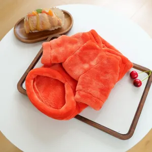 Cozy orange pet fleece hoodie for small dogs, soft autumn winter pet apparel costume display