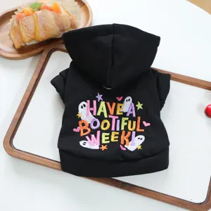 Cute Halloween pet hoodie for small dogs, black pullover with spooky ghost embroidery.