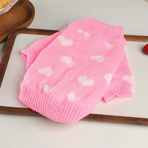 Cute pink knit pet sweater with white hearts for small dogs puppy autumn winter daily wear clothing.