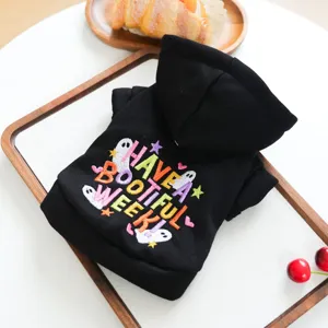 Black pet dog hoodie cute ghost embroidery autumn warm puppy clothes apparel detail view