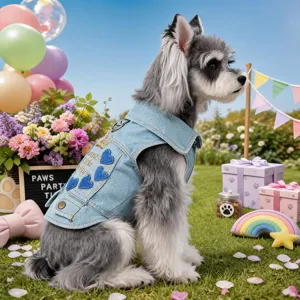 Cute denim pet vest for small dogs and cats with heart embroidery and leash ring for outdoor walks.