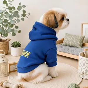 Cute blue pet dog hoodie with yellow letter print, comfortable autumn spring small puppy clothes.