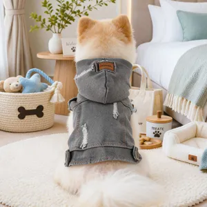Pet Denim Jacket Spring Summer Dog Cat Cool Vintage Distressed Hooded Vest Puppy Apparel Clothing Pet Outfit