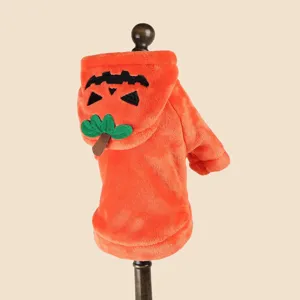 Detailed view of cute orange pumpkin pet hoodie costume for small dogs Halloween party outfit.
