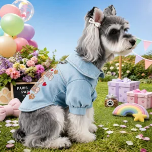 Light blue denim pet shirt with paw print embroidery and leash ring, stylish puppy apparel