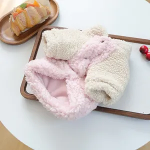 Cute pet fleece hoodie detail view, soft pink and beige sherpa sweater for small dogs and puppies.