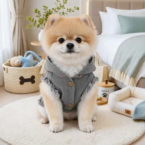 Cute dog denim hoodie vest, stylish retro ripped pet clothes for spring and summer wear.